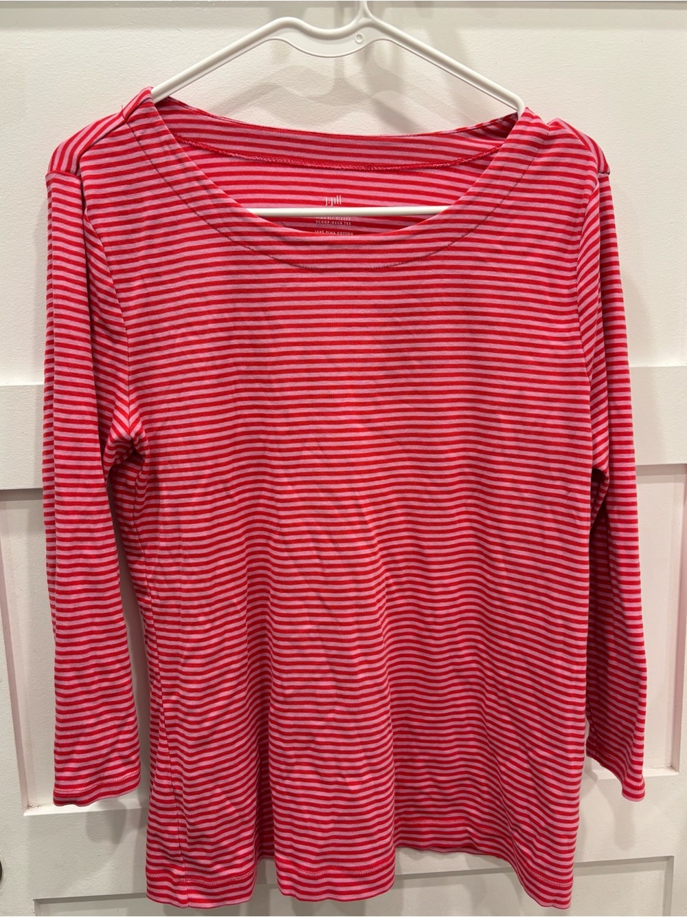 J. Jill Pink and White Striped Scoop Neck 3/4 Sleeve 100% Pima Tee